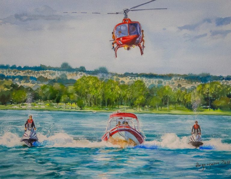 Rotina dos bombeiros pintada em aquarela