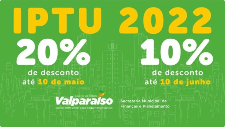 EM VALPARAÍSO, PAGAMENTO DO IPTU COM 20% DE DESCONTO ATÉ O DIA 10 DE MAIO